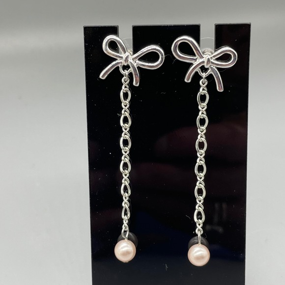 Jewelry - Silver Tone Bow Pink Pearl Drop Dangle Earrings Coquette Bridal Post Back 2"